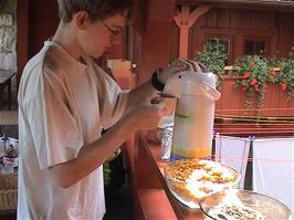 Oliver makes his breakfast tea at Mariastein-Rotberg Youth Hostel